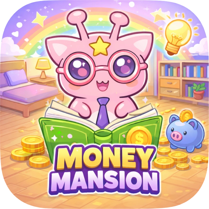 Money Mansion’s original app icon: the pink mascot reading a book, with the Money Mansion title