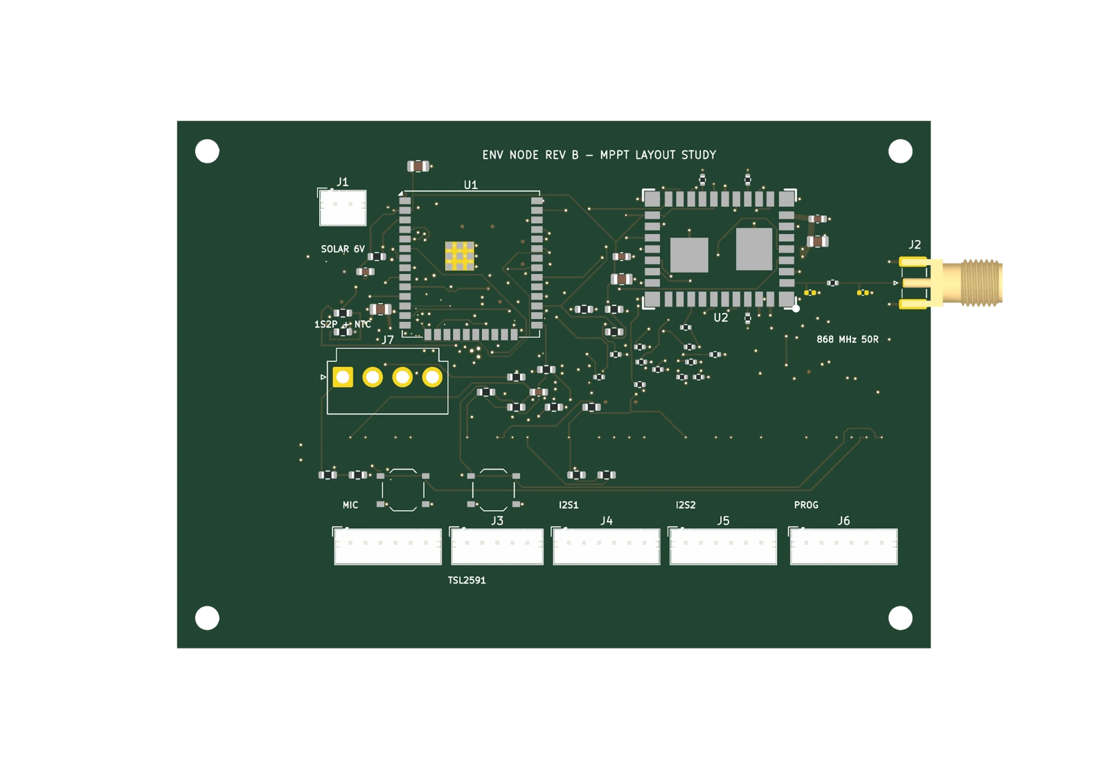 PCB design render from the NoiseAtlas environmental sensor project
